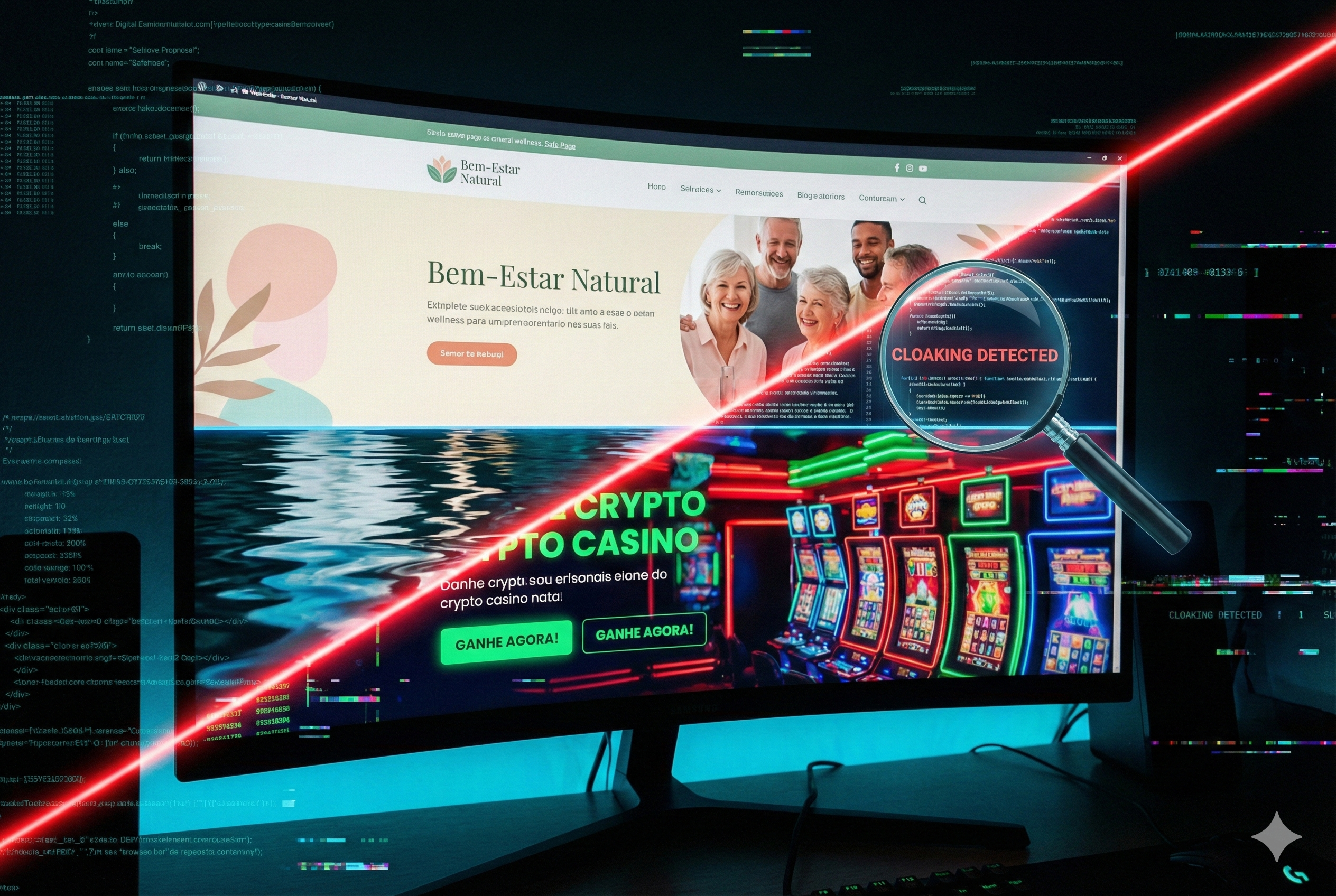 Monitor exibindo tela dividida diagonalmente: a parte superior mostra um site legítimo de 'Bem-Estar Natural' (camuflagem) e a inferior revela o destino real de 'Crypto Casino', com uma lupa digital indicando 'CLOAKING DETECTED'.